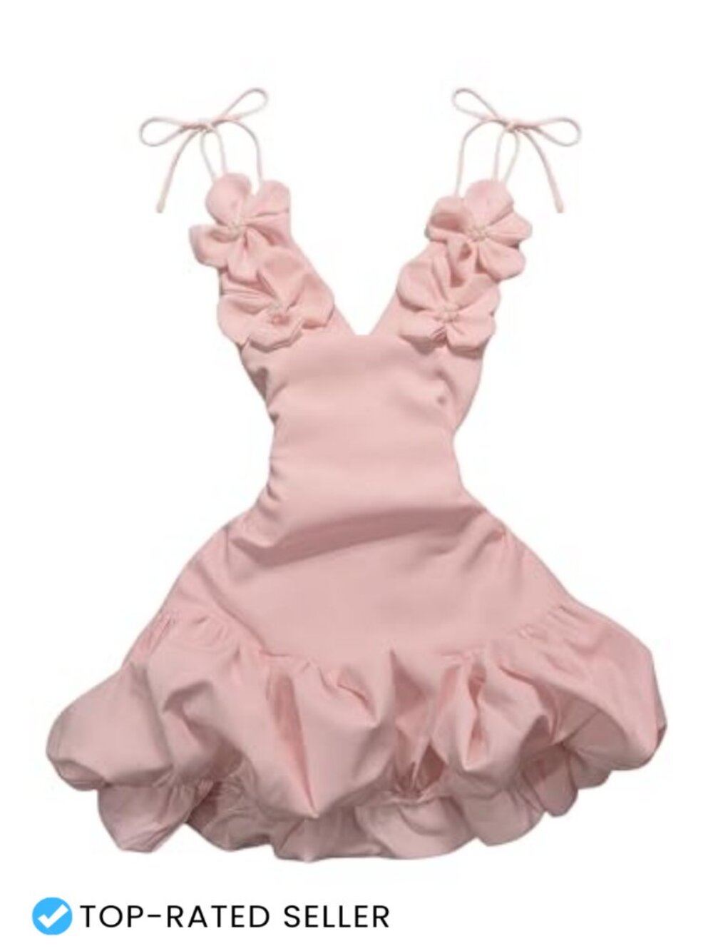 Women's Summer Bubble Mini Dress 3D Floral Deep V Neck Spaghetti Strap A Line